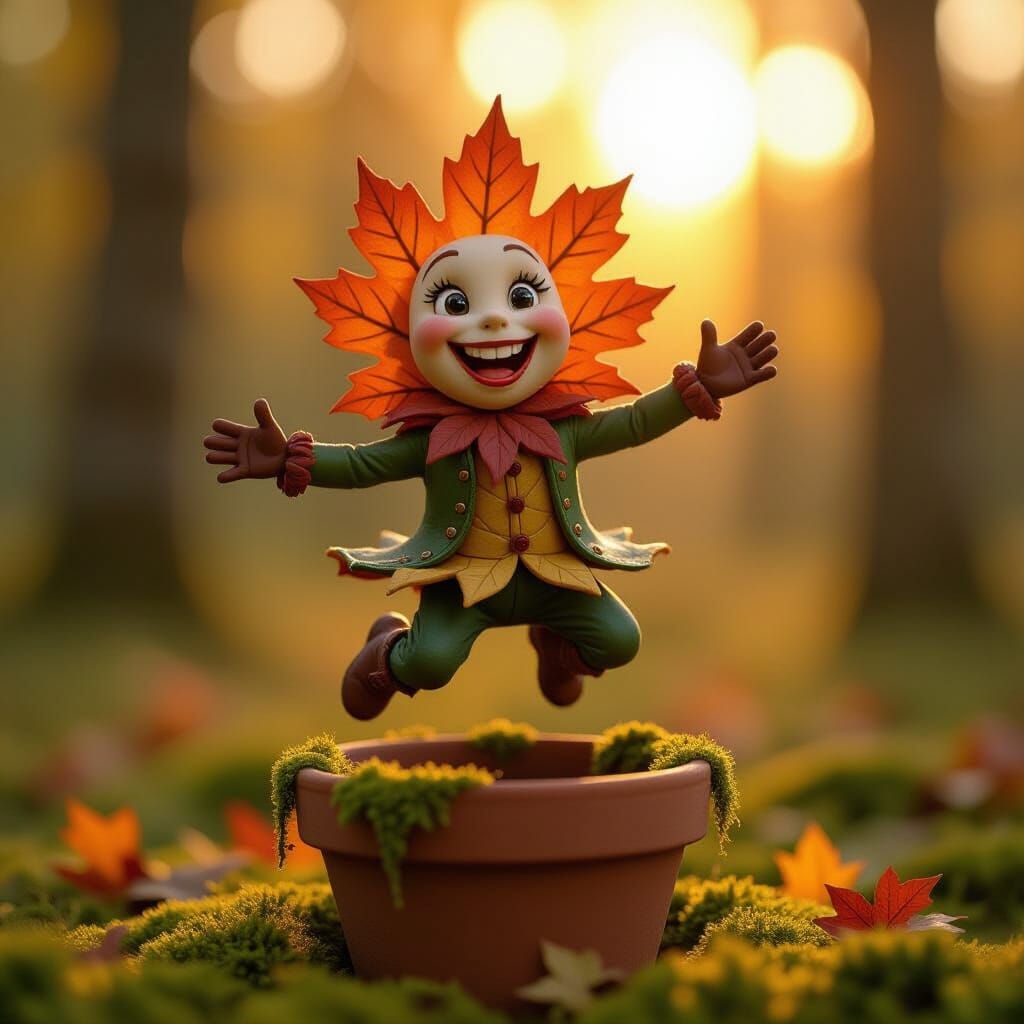 Autumn Leaf Humanoid in Whimsical Forest, Cinematic Style
