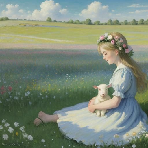 Girl with Lamb in Field, Impressionist Oil Painting