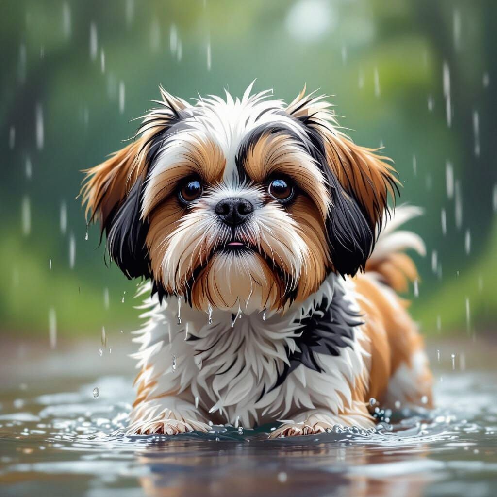 Ultrarealistic Shih-Tzu in Rain: Detailed Nature Illustratio...
