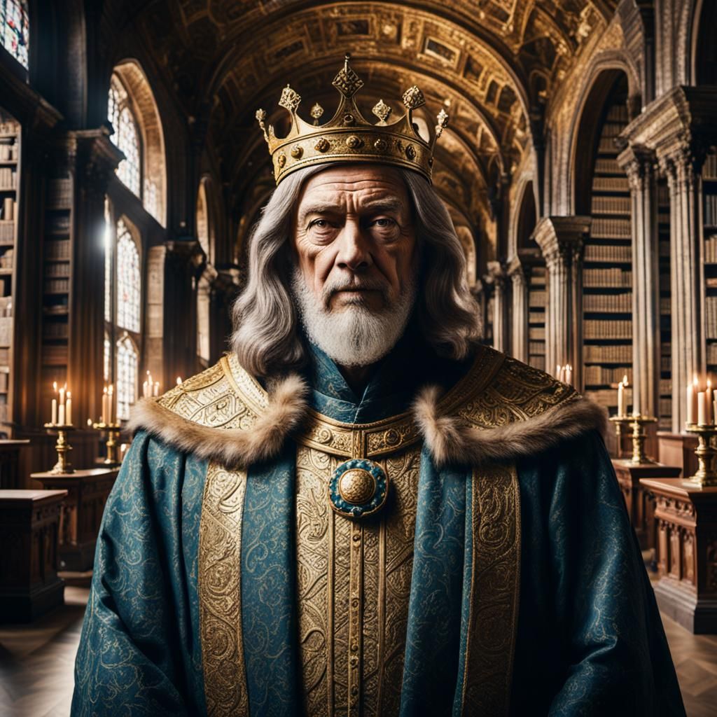 King in Ancient Library: A Regal Portrait