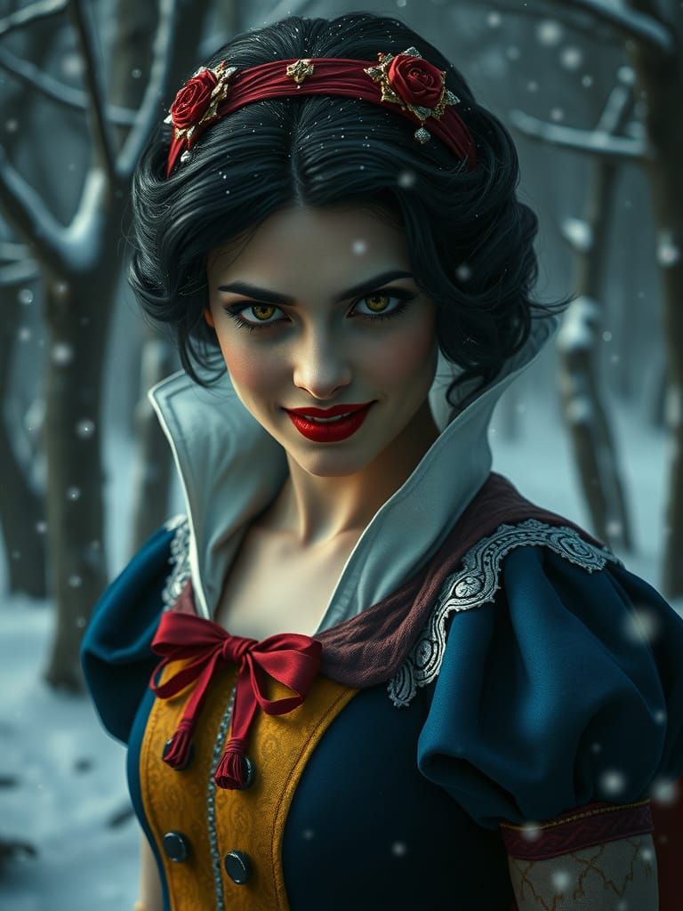 Dark Snow White Stares Intensely in Winter Forest