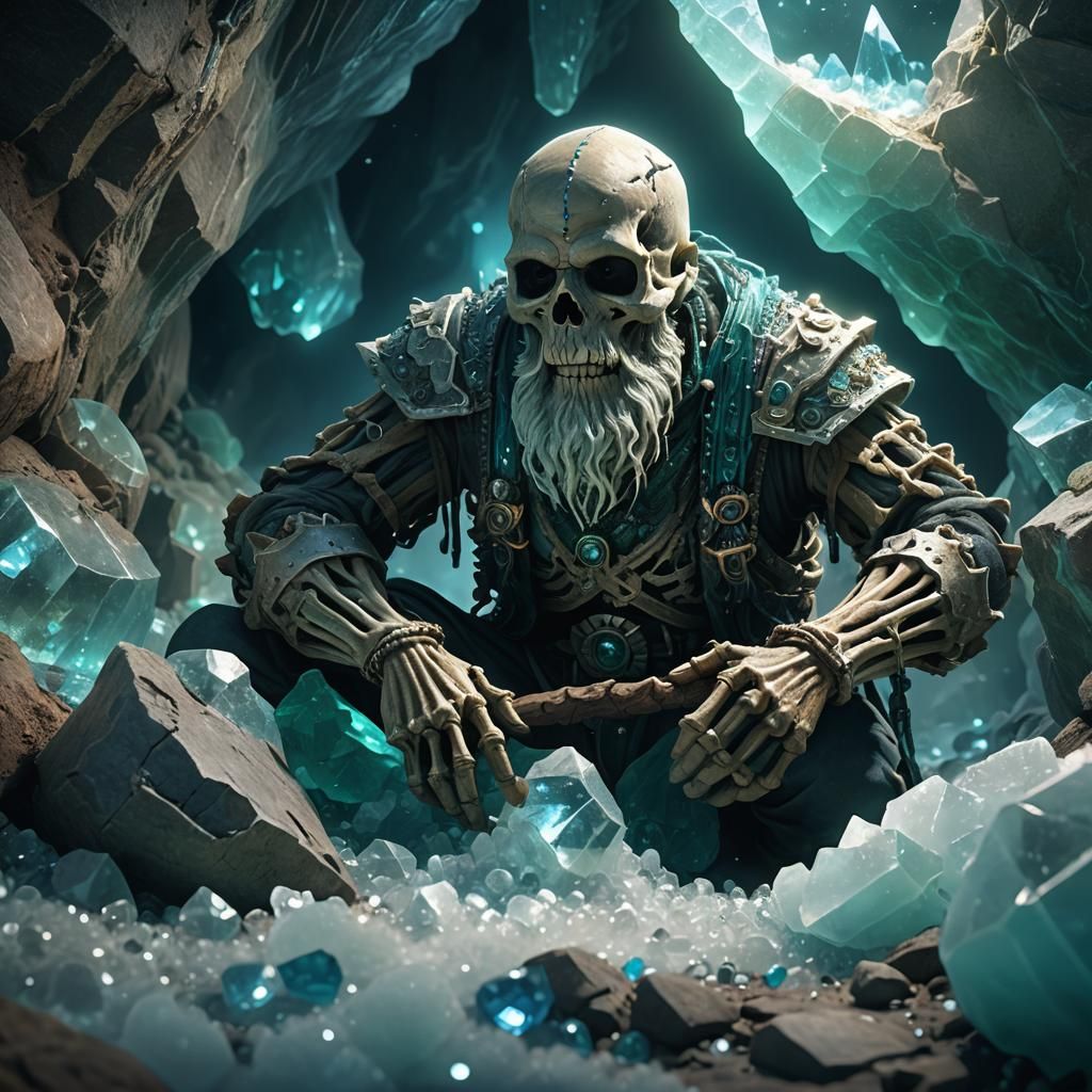Skeleton Dwarf Crystal Miner in Dimly Lit Cave