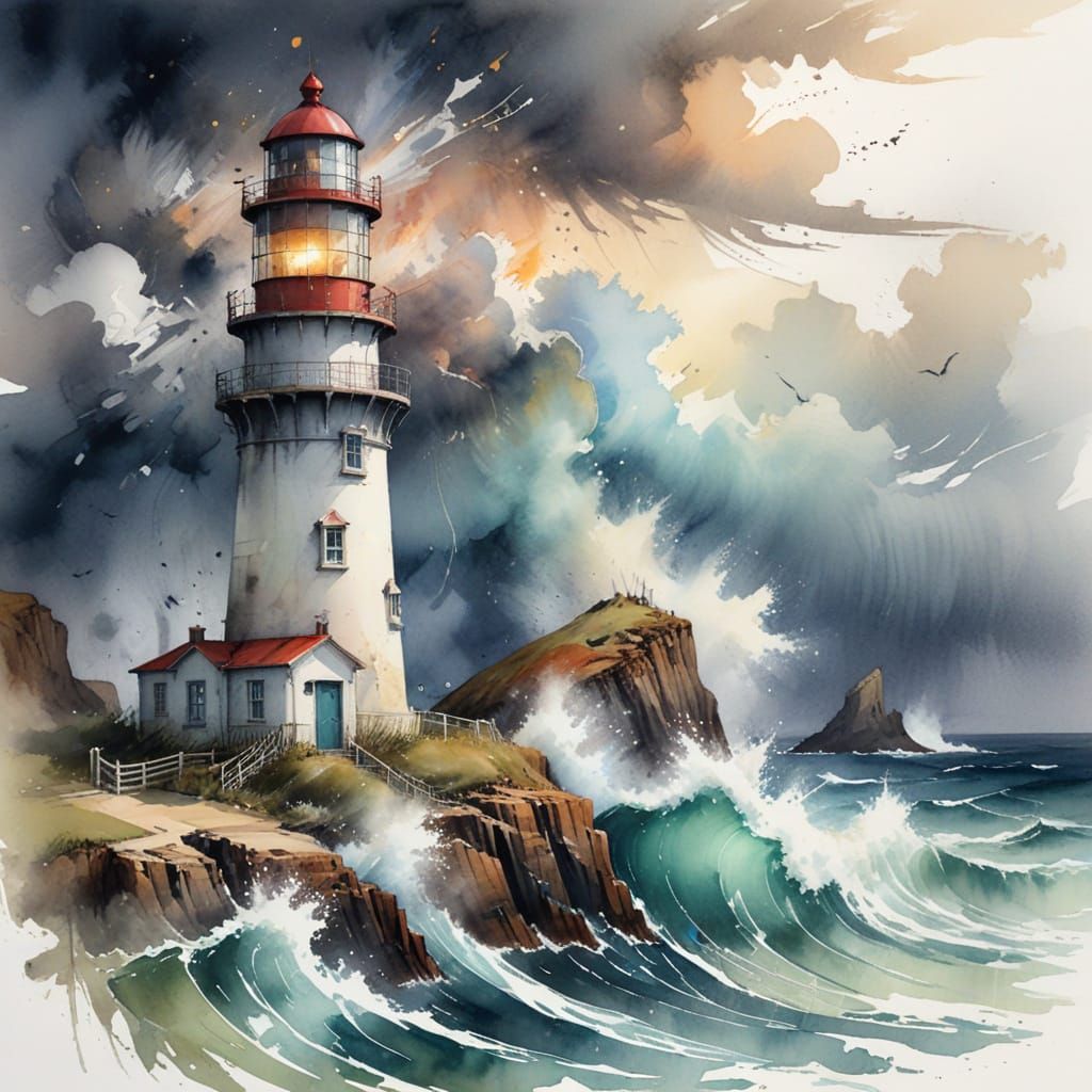 Stormy Coastal Landscape in Moody Watercolors