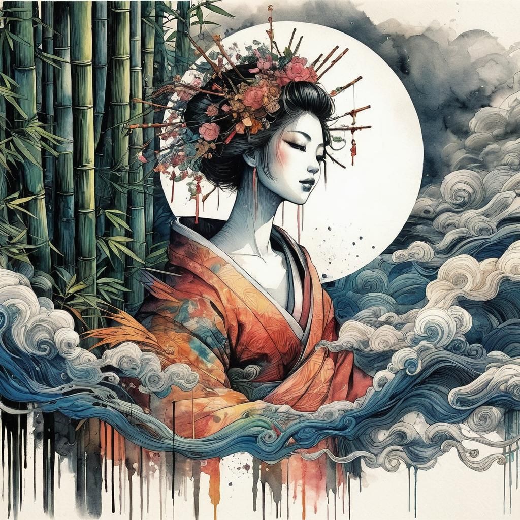 Japanese Alcohol Ink Artwork with Strong Lines