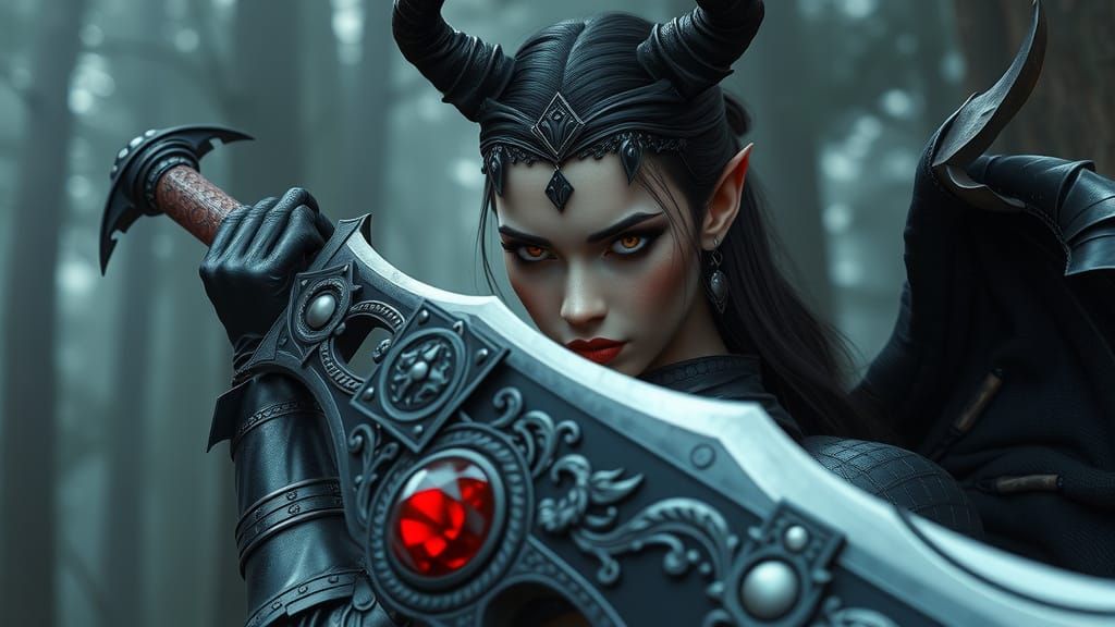 Goddess with Devil Horns in Misty Forest