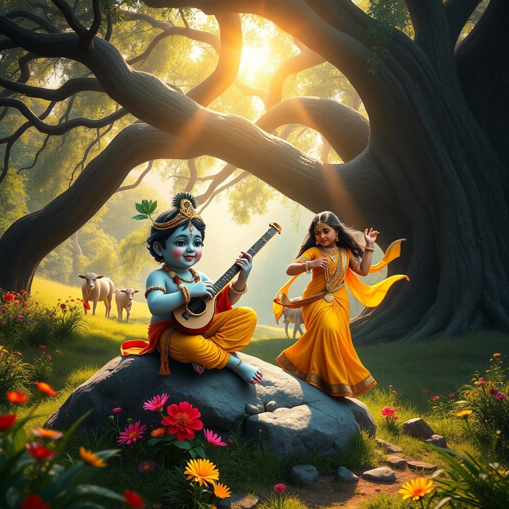 Surreal Hyper-Realistic Krishna and Radha Under Ancient Tree...