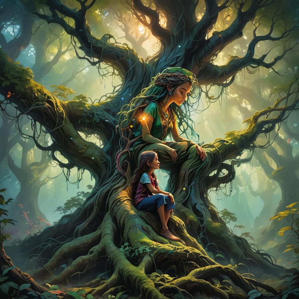 Mystical Forest Girl Under Gnarled Tree in Oil Painting