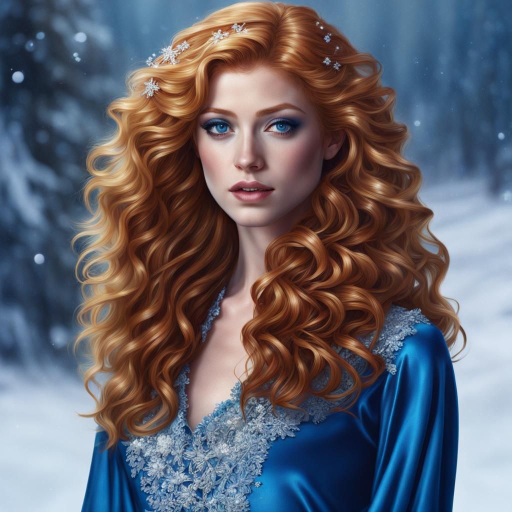 Hyperrealistic Unclad Queen with Curly Hair in Snow