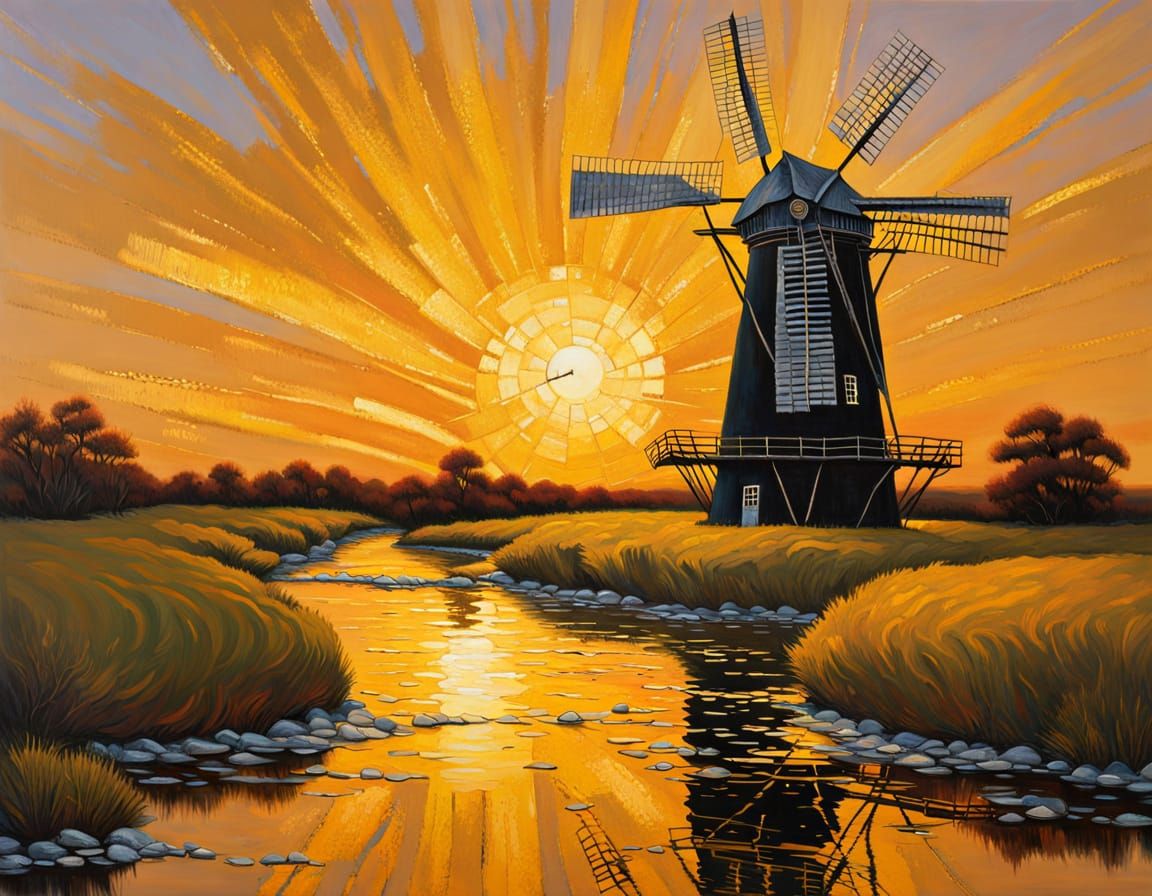 Windmill at Sunset: Abstract Oil Painting