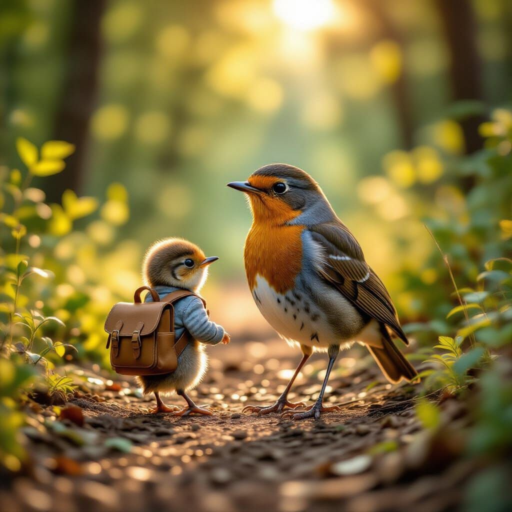 Mother and Baby Robin in Woodland Scene
