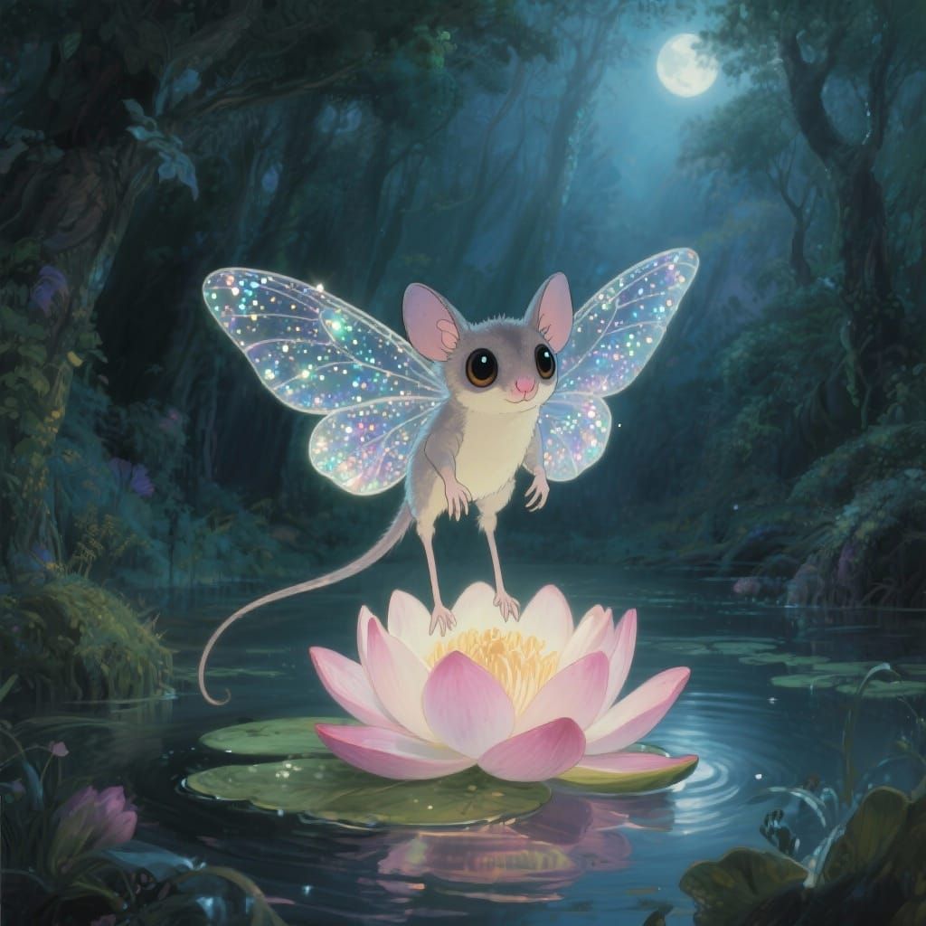 Magical Forest Creature in Moonlit Lotus Flower