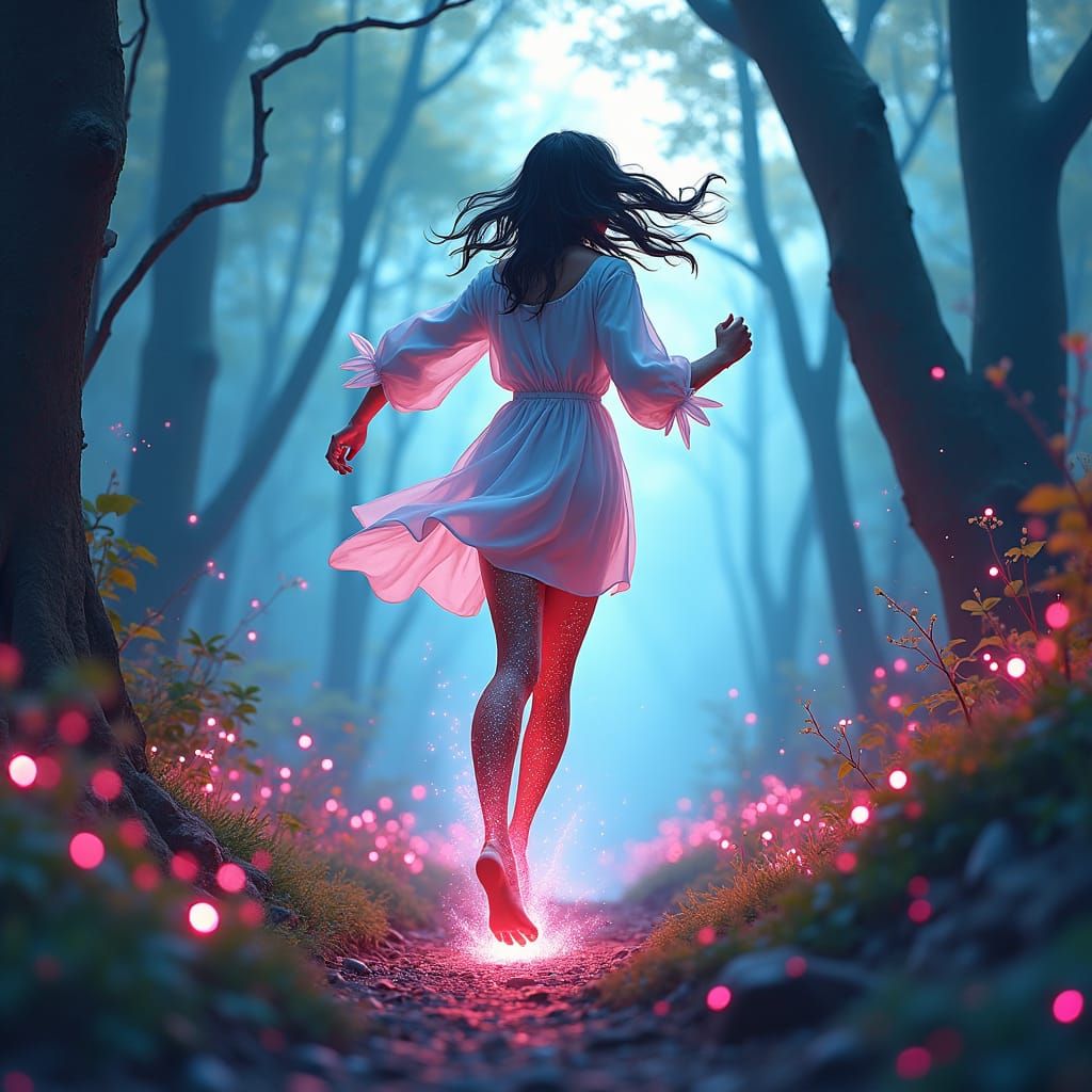 Woman with Glowing Tattoos in Mystical Forest