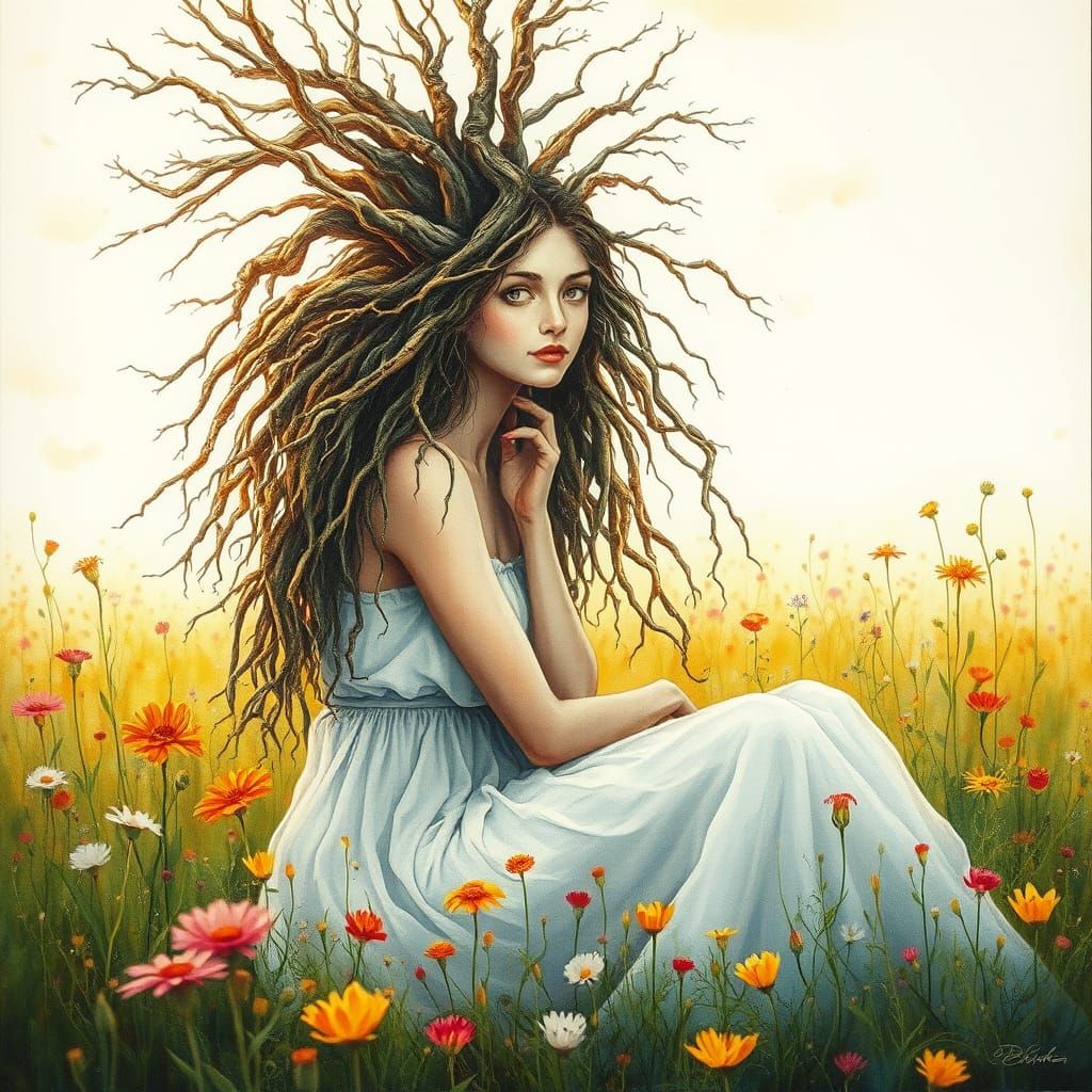 Woman in Ethereal Watercolor Scene with Wildflowers