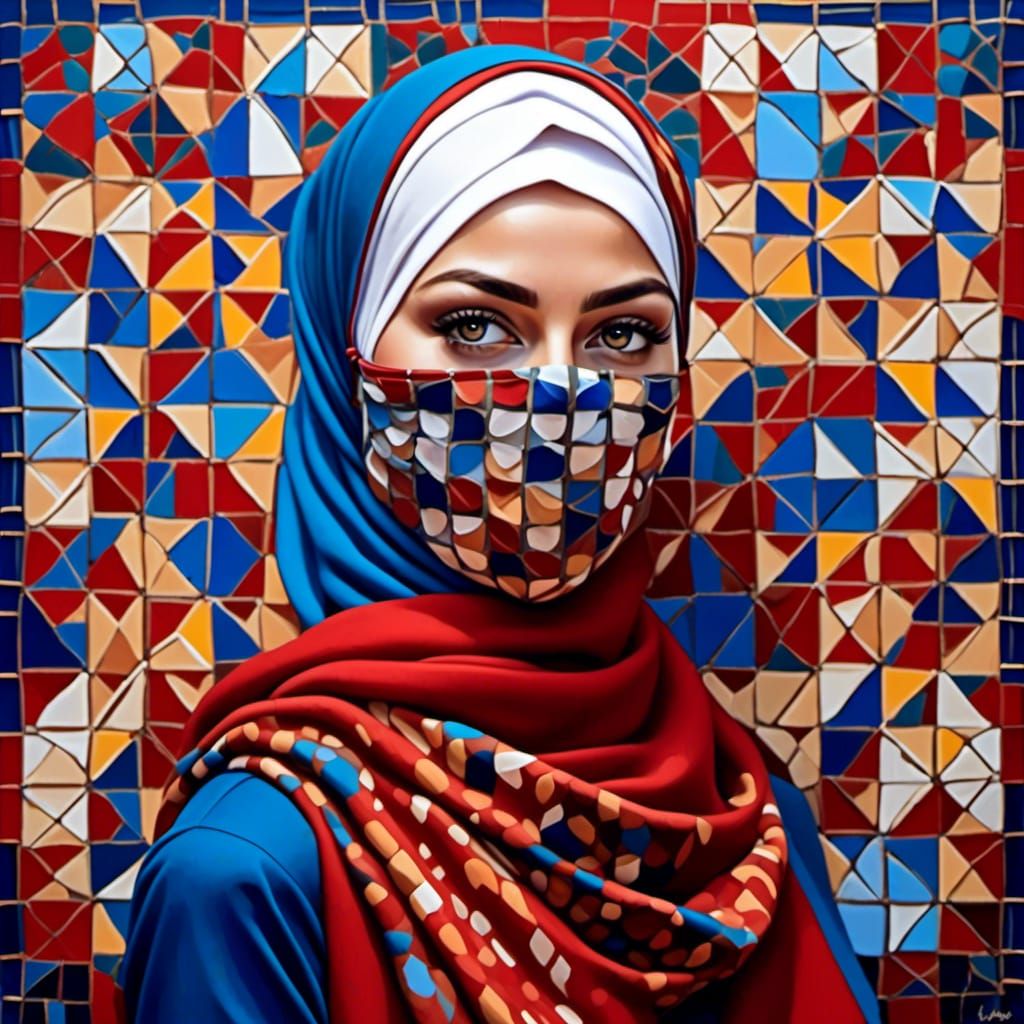 Woman in Hijab and Mosaic Dress at Shipyard