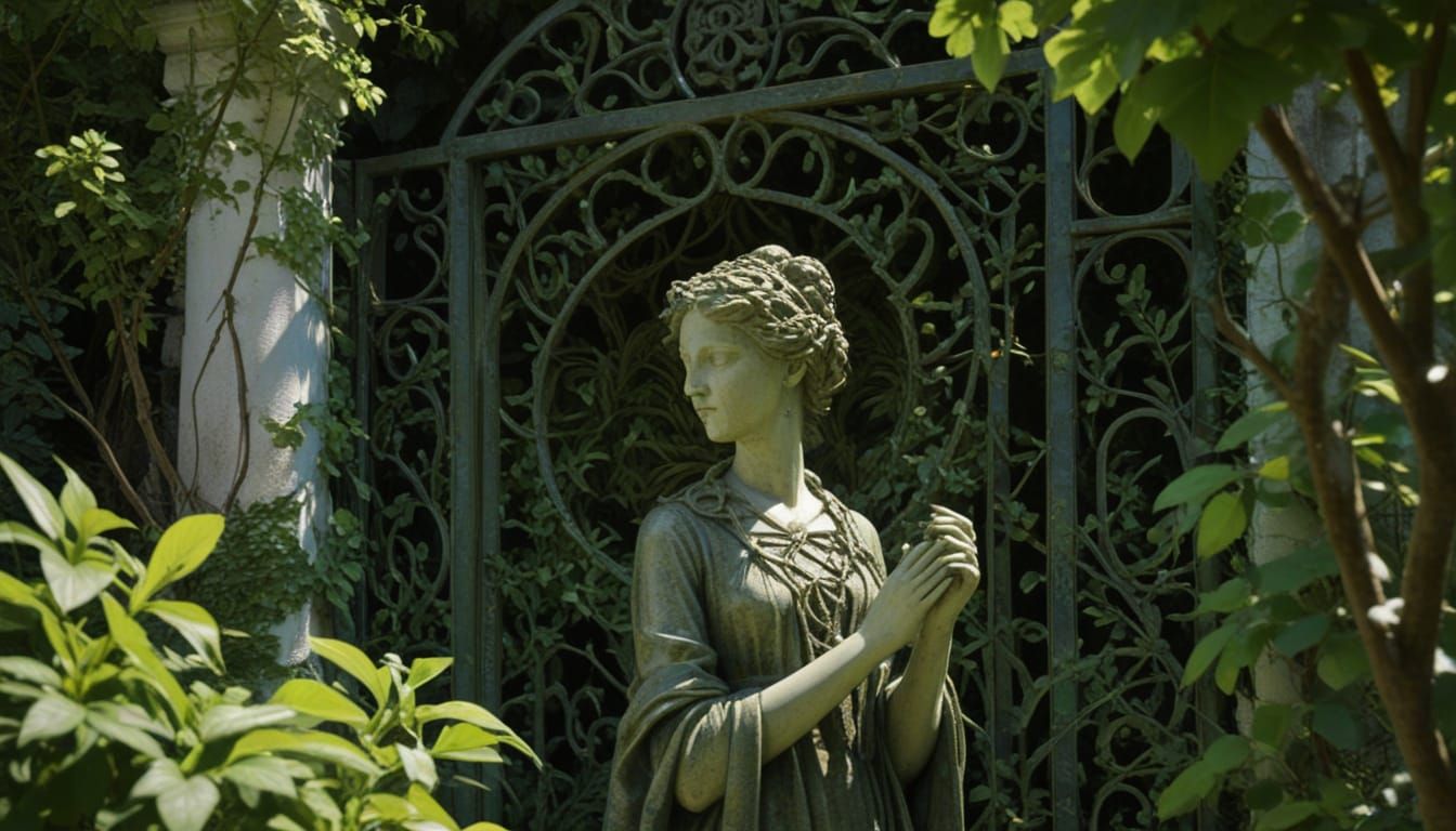 Marble Garden Sculpture in Sunlight, Mossy and Vine-Covered
