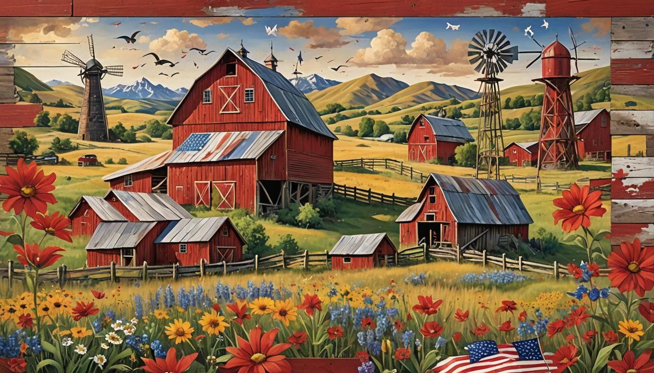 Graffiti Folk Art Barn Amidst Rolling Prairies