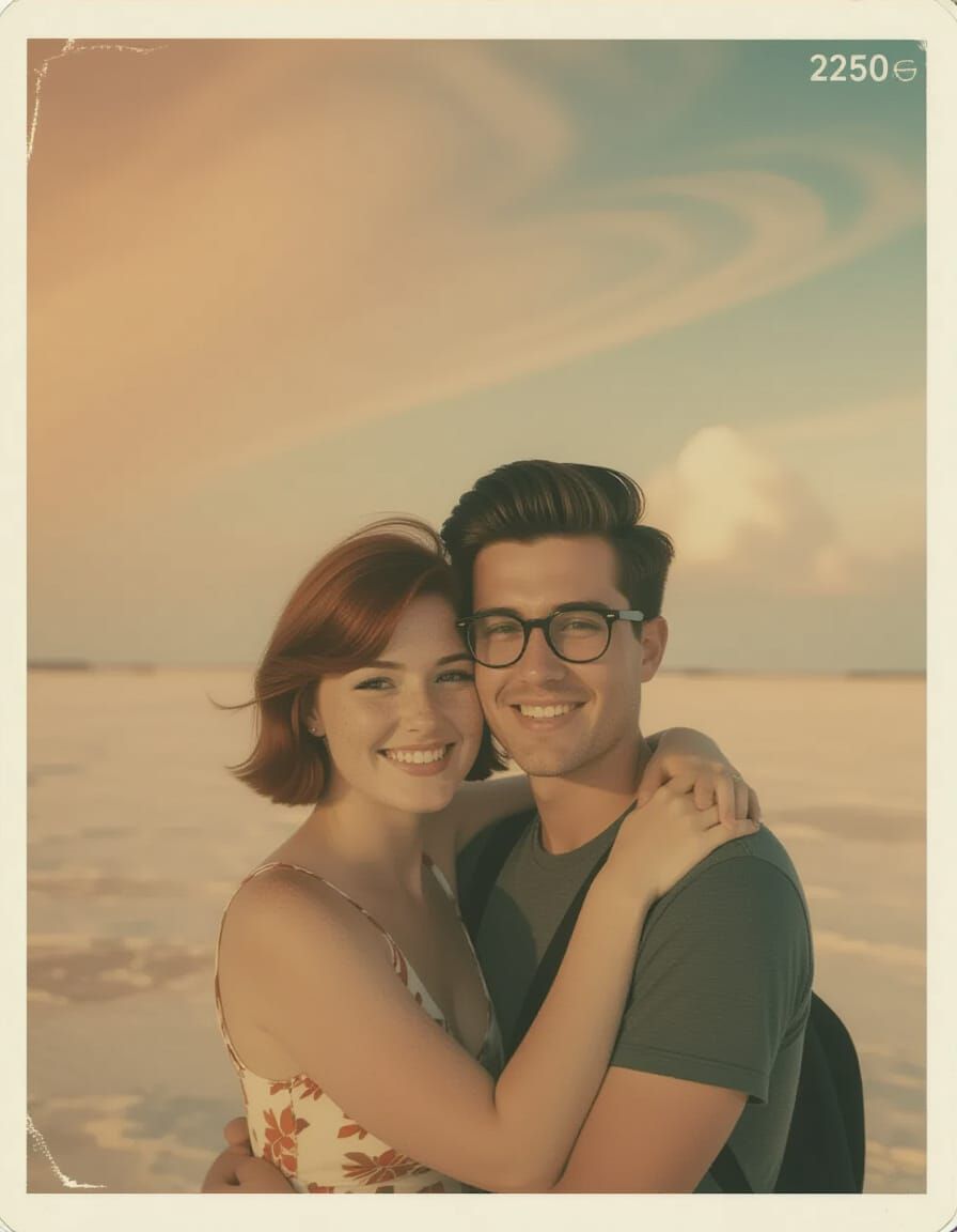Couple Embraces on Venus in Vintage Polaroid Style
