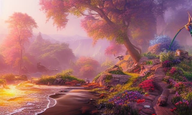 Fairies in a Sunny Flower Field Castle, Hyperrealism