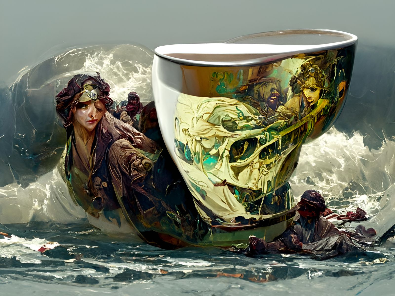 Survivor in Coffee Cup Storm, Hyperdetailed Oil Painting