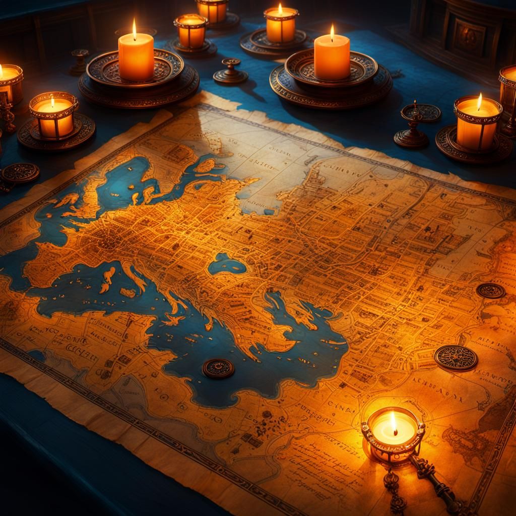 Mystical Map with Candlelight in Fantasy Chamber