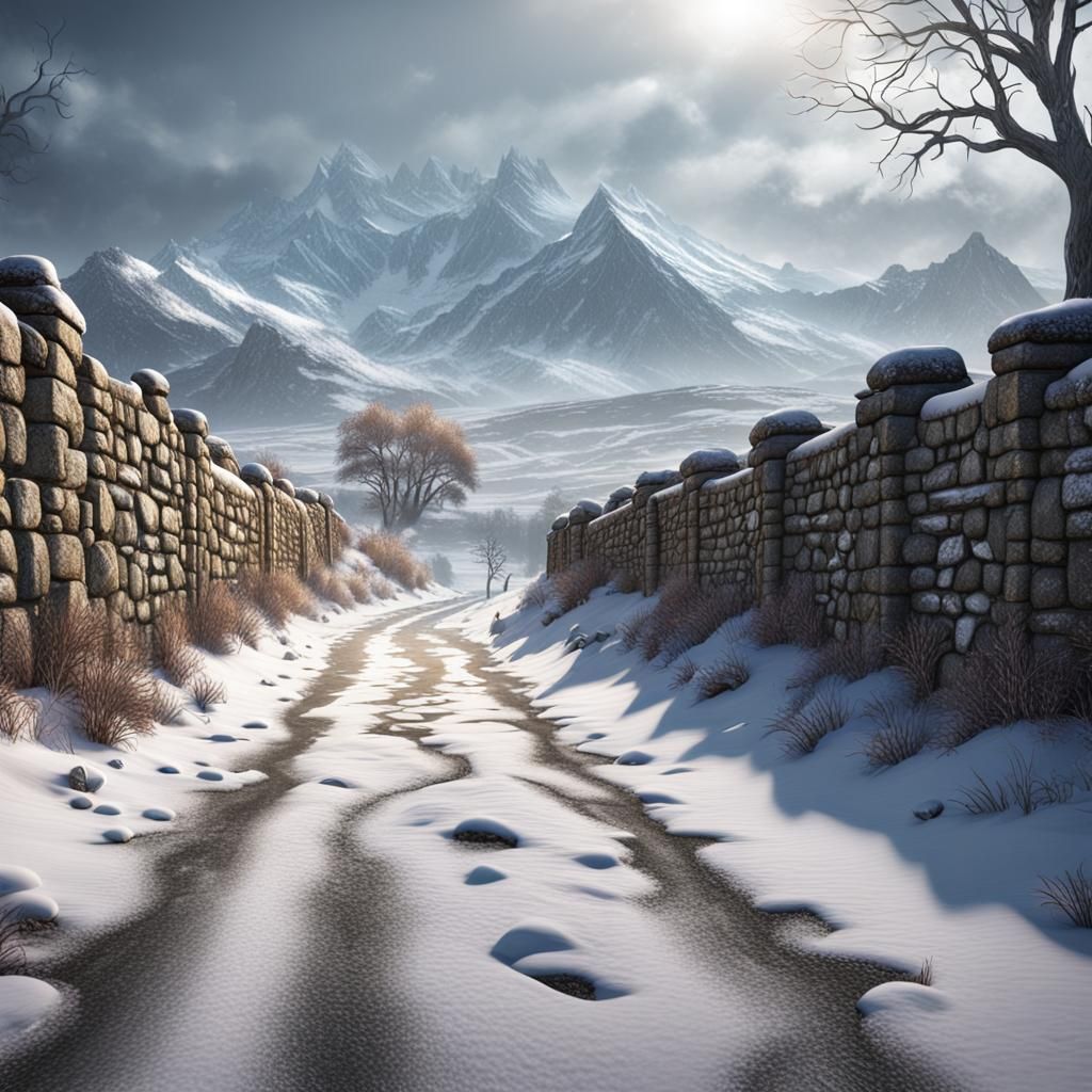 Snowy Hills and Stone Wall in Detailed Matte Painting