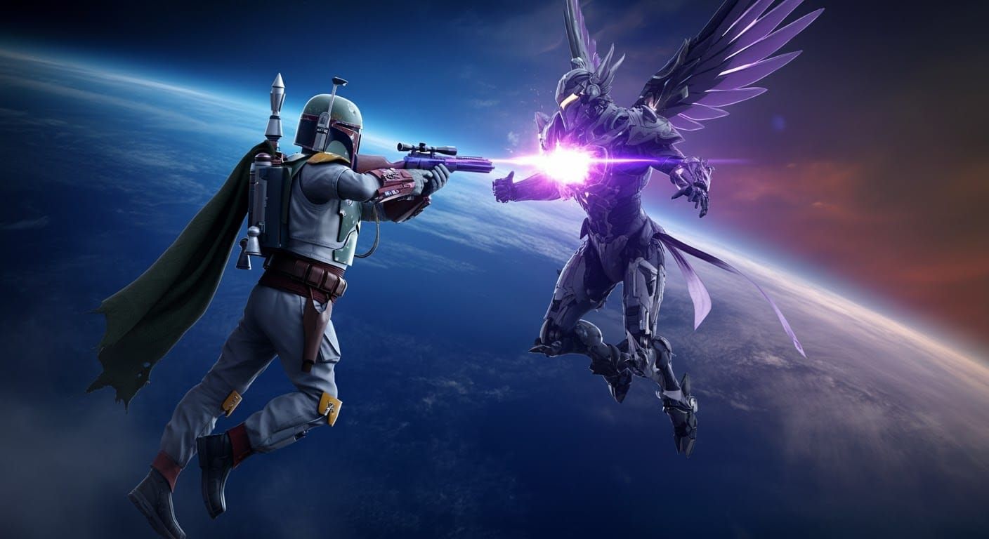 Boba Fett versus Darkhawk/Raptor in the stratosphere above an unknown planet