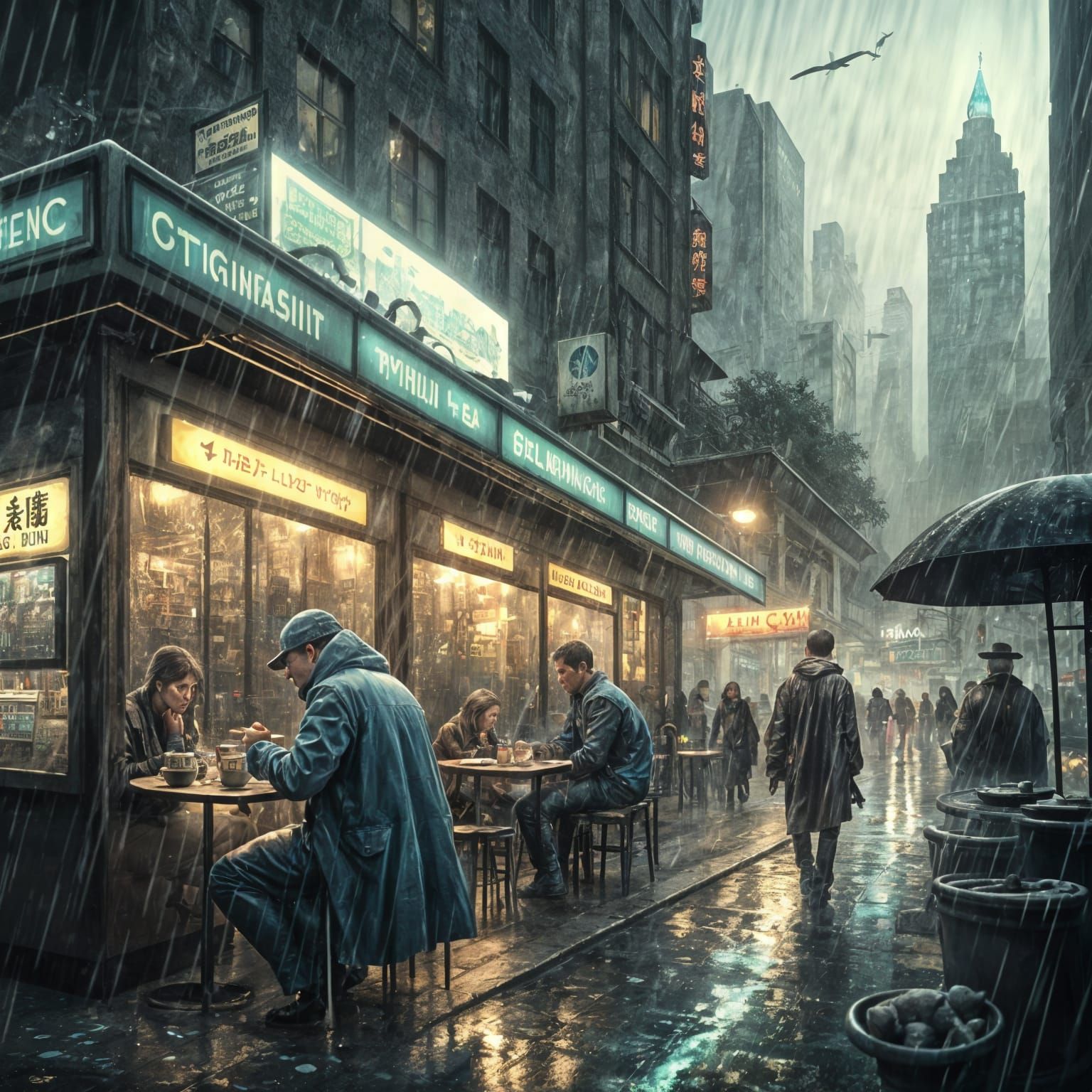 Dystopian Noodle Shop in Rainy Night City
