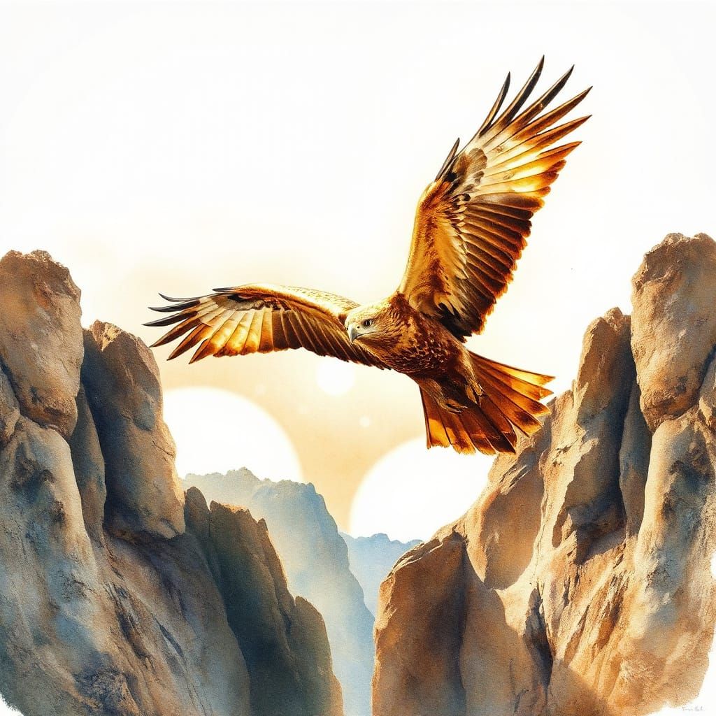 Golden Eagle Soaring Over Cliffs in Watercolor Style