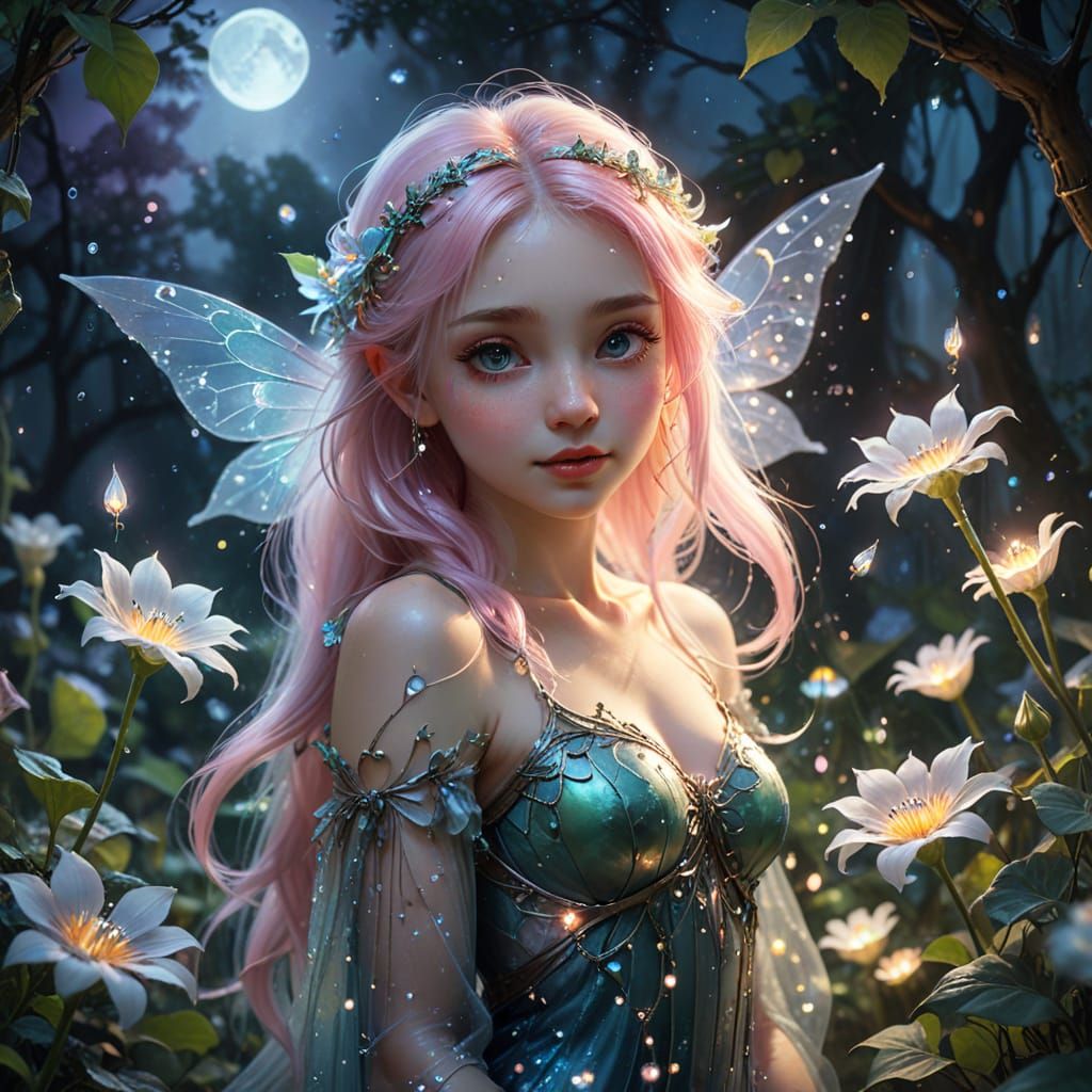 Ethereal Fairy Tending Moonflower Garden in Painterly Style