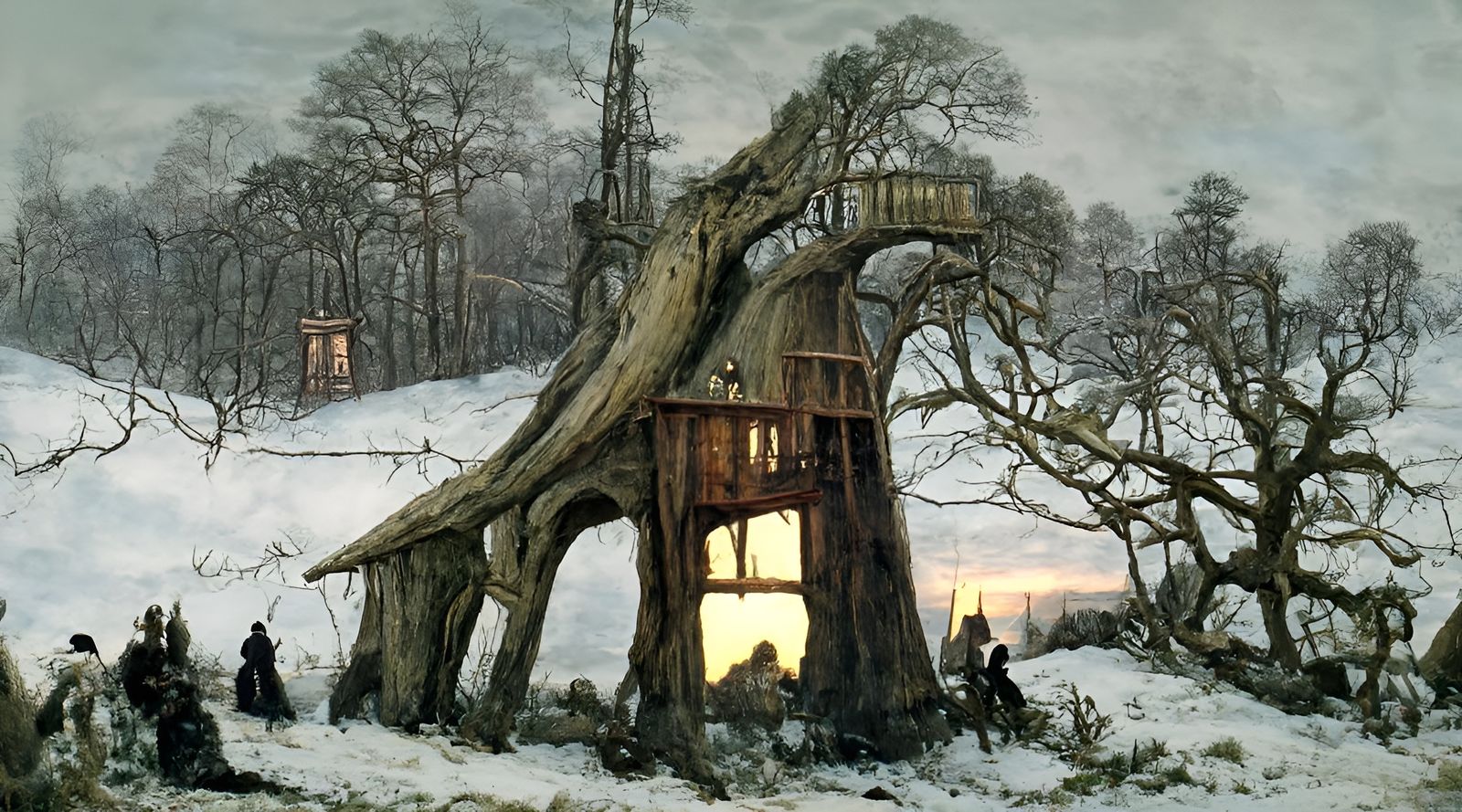 Elvish Treehouse in Winter Light: Romanticist Painting