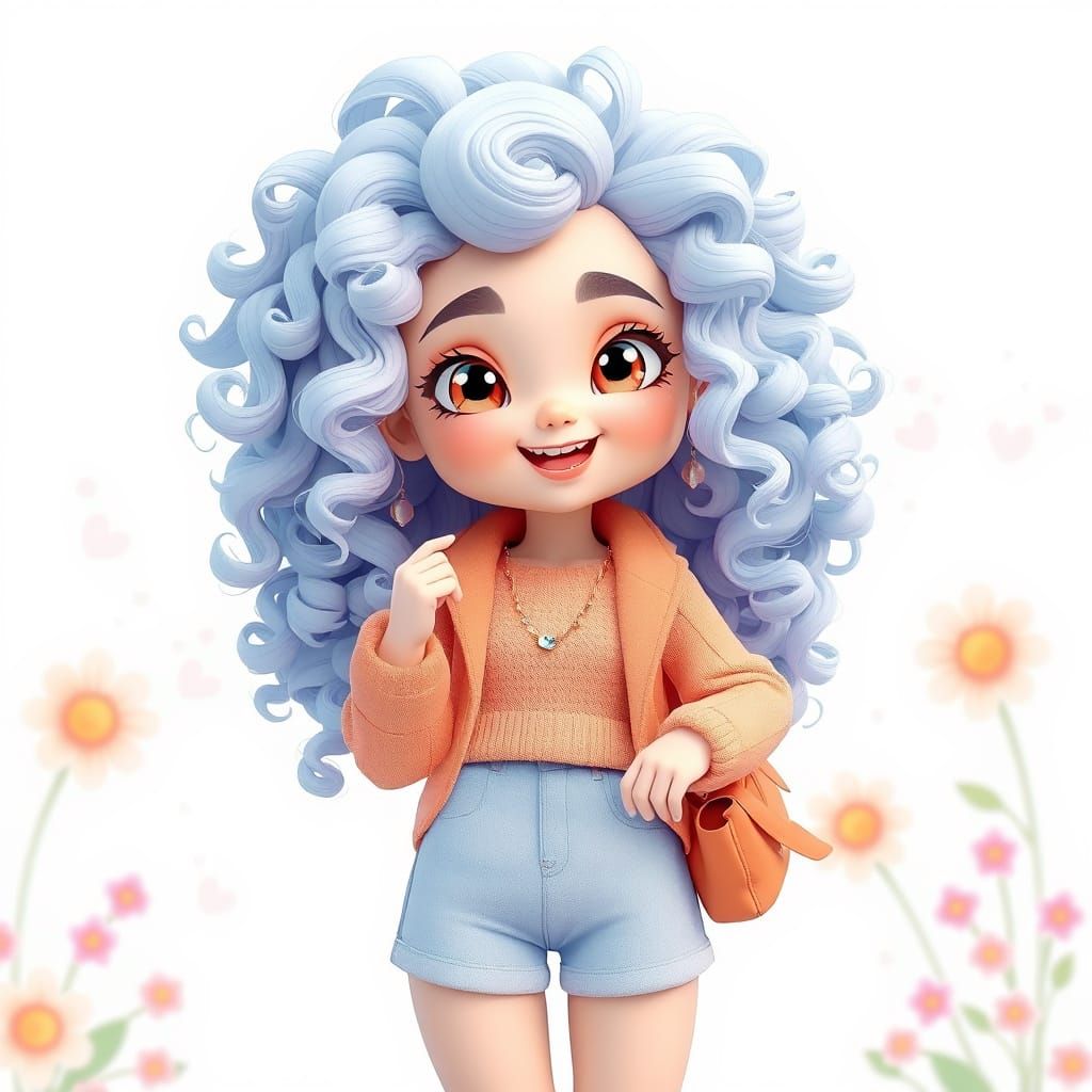Cute 3D Pastel Character with Curly Hair