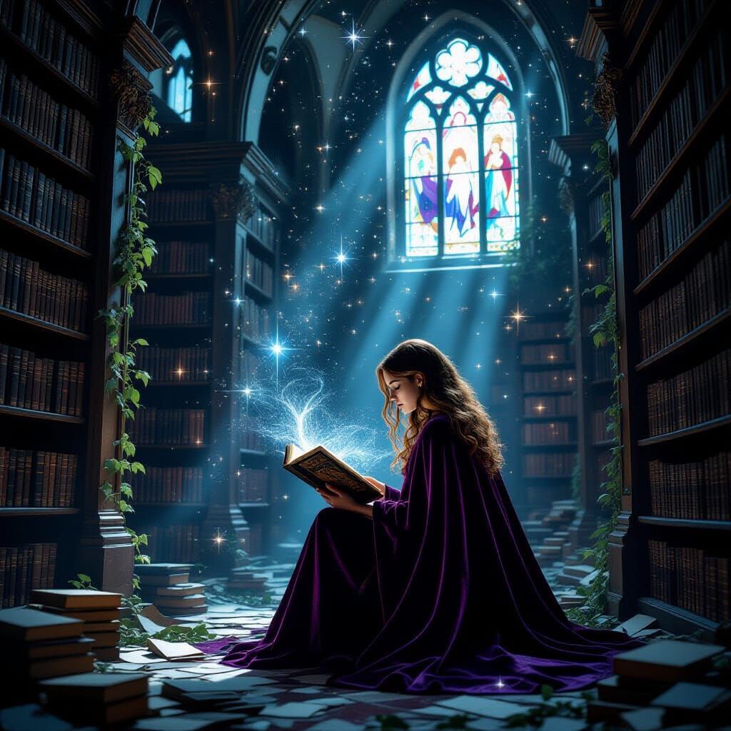 Cosmic Mage Girl in Decaying Starlight Library