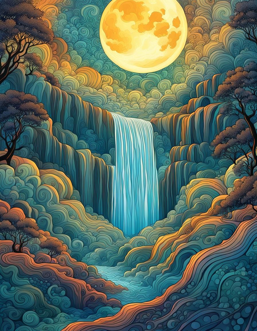 Waterfall Under Moon in Fractal Vector Style