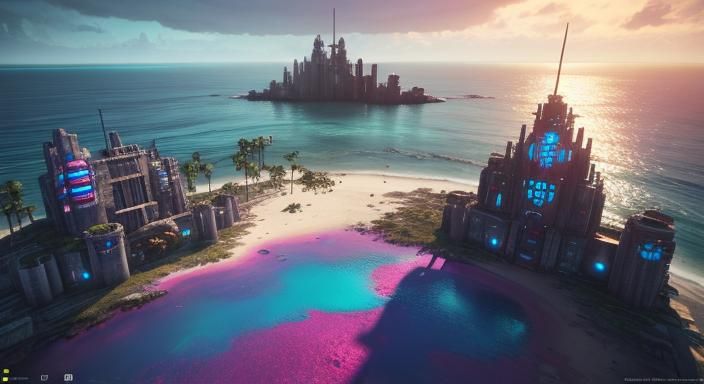 Cyberpunk Beach Fortress with Sea Cryptids