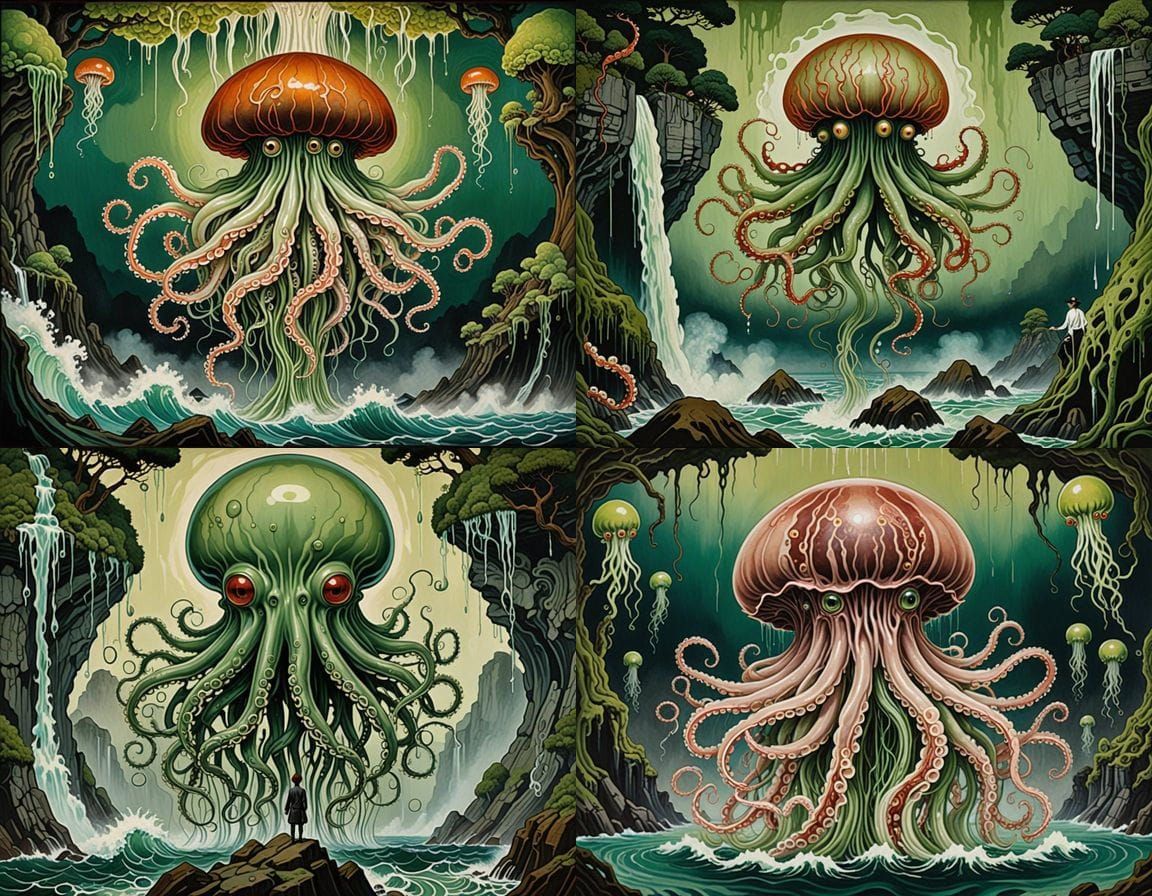 Mythical Ukiyo-e Hybrid Creature With Flowing Green Liquid