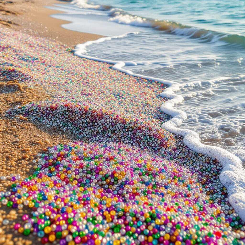 Rainbow Beads Washing Up on Beach Shore