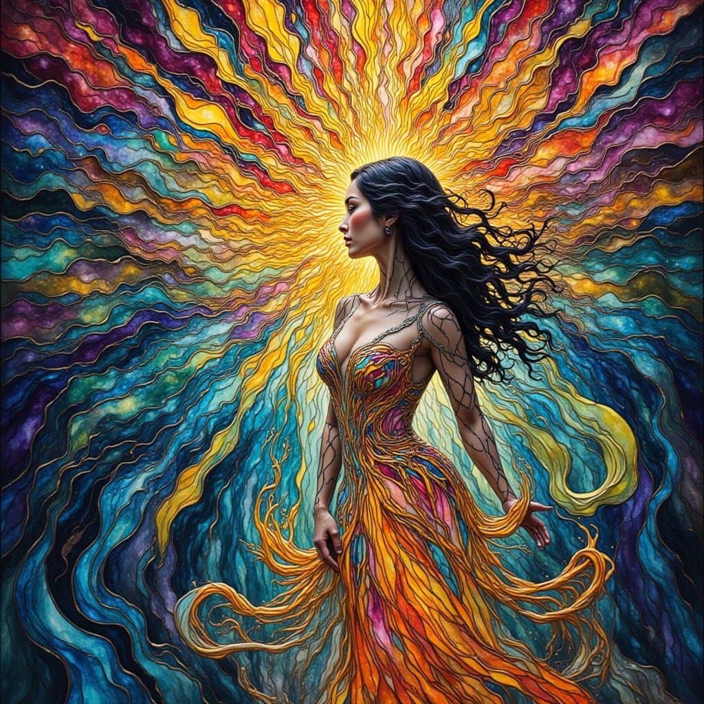 Divine Feminine Portrait in Luminous Stained Glass Style