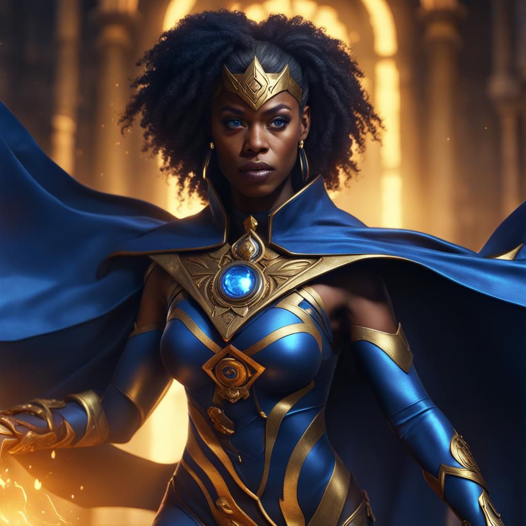 Demonic Arcane Superhero in Blue and Gold