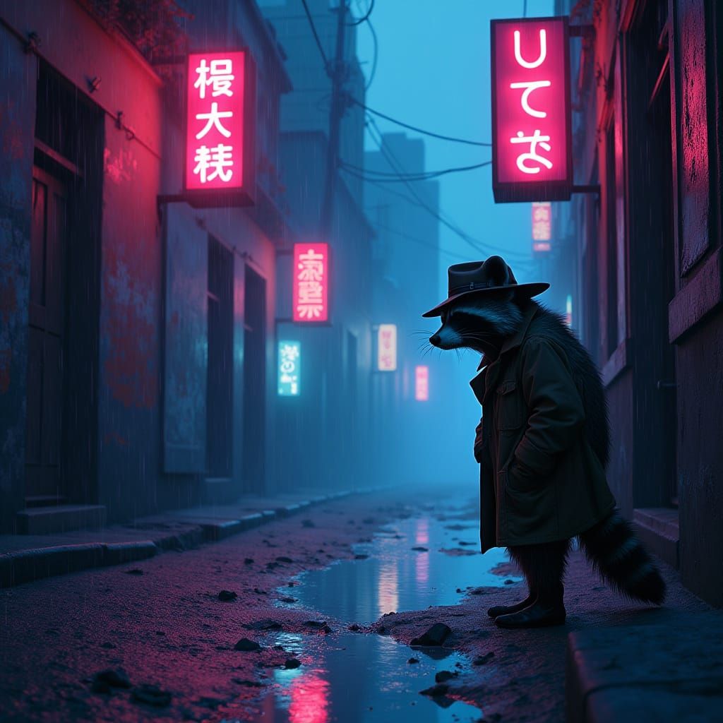 Raccoon Detective Investigates Crime Scene in Noir Style