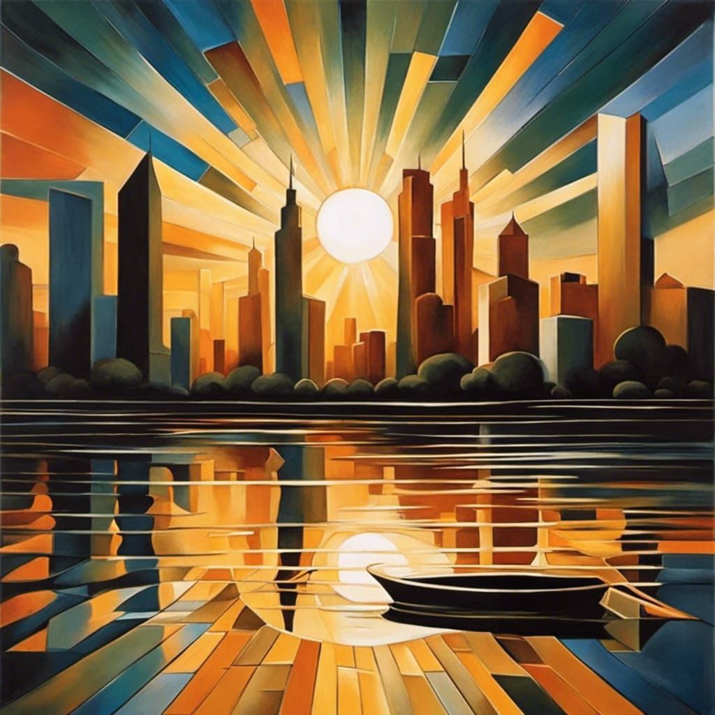 Abstract Cubist Sunset Cityscape Reflection