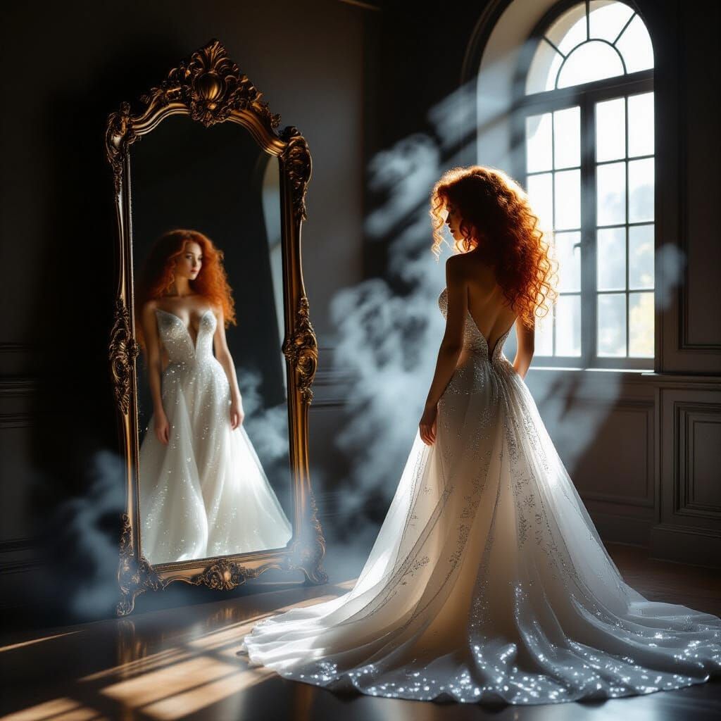 Woman in Sparkling Glass Gown Before French Mirror