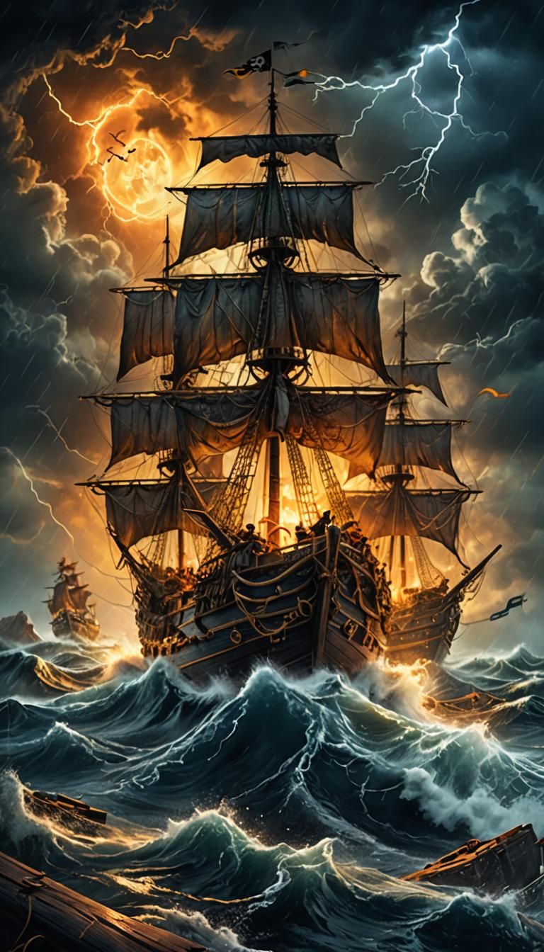 Pirates Sailing Stormy Seas in Matte Painting Style