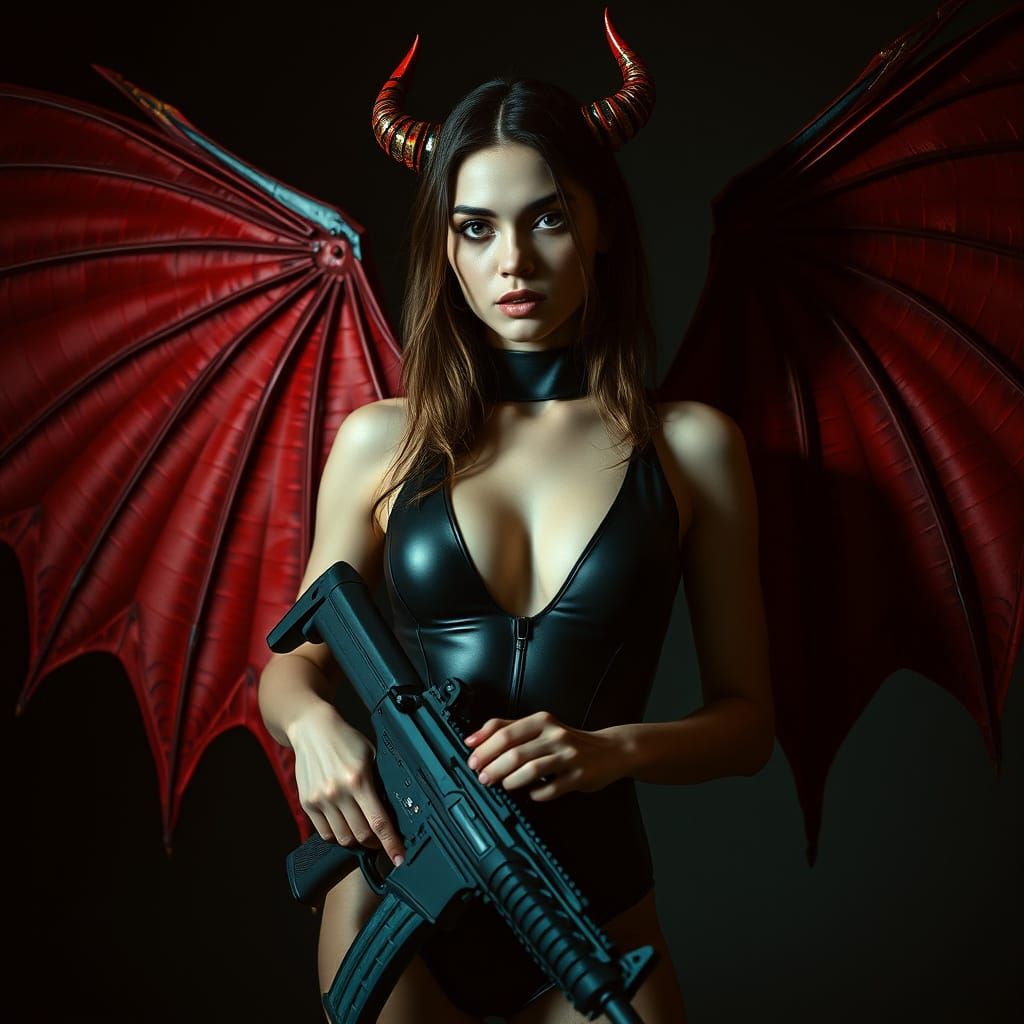 Devil Woman with Uzi in Cinematic Film Still