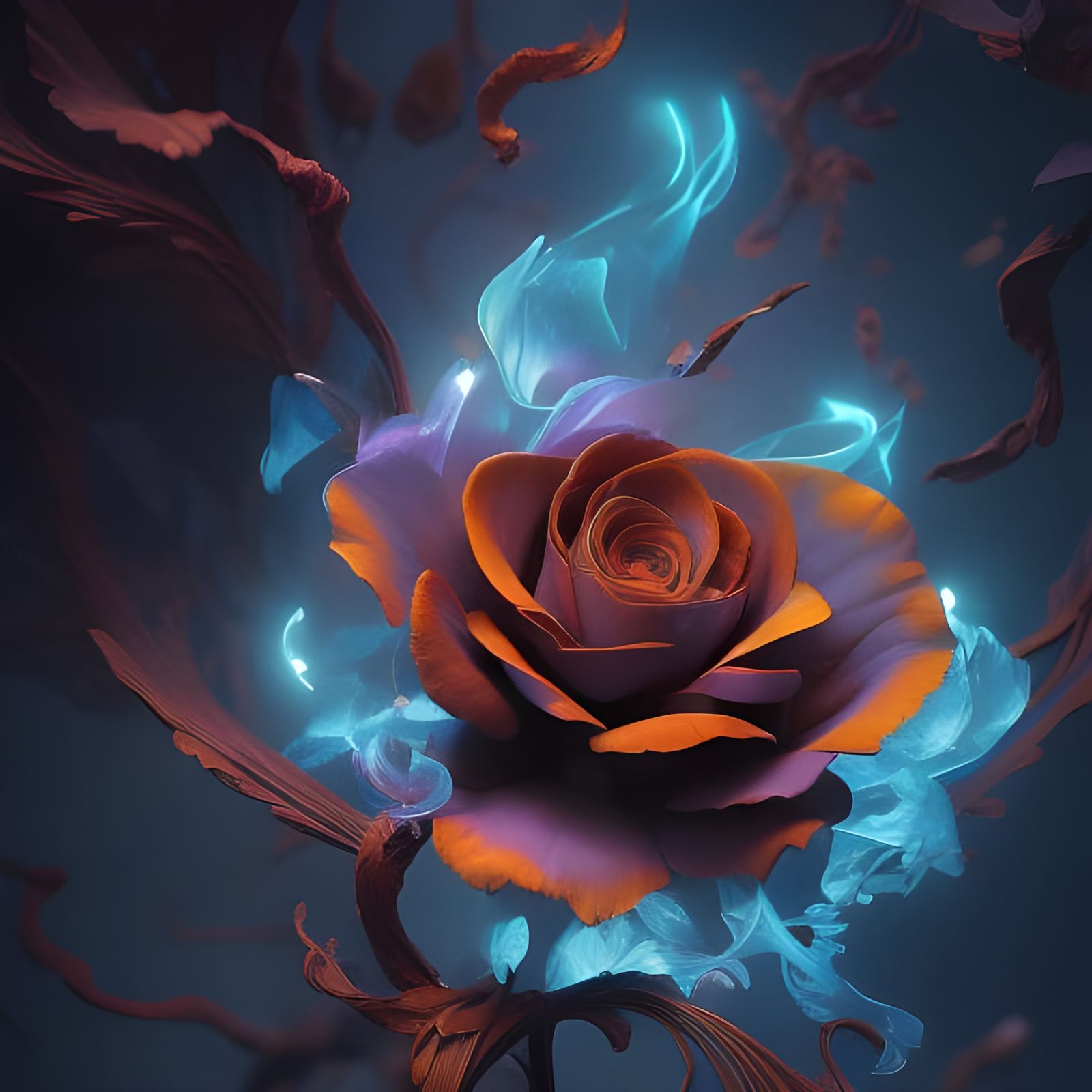 Cyan Flaming Rose in Lava: Digital Art