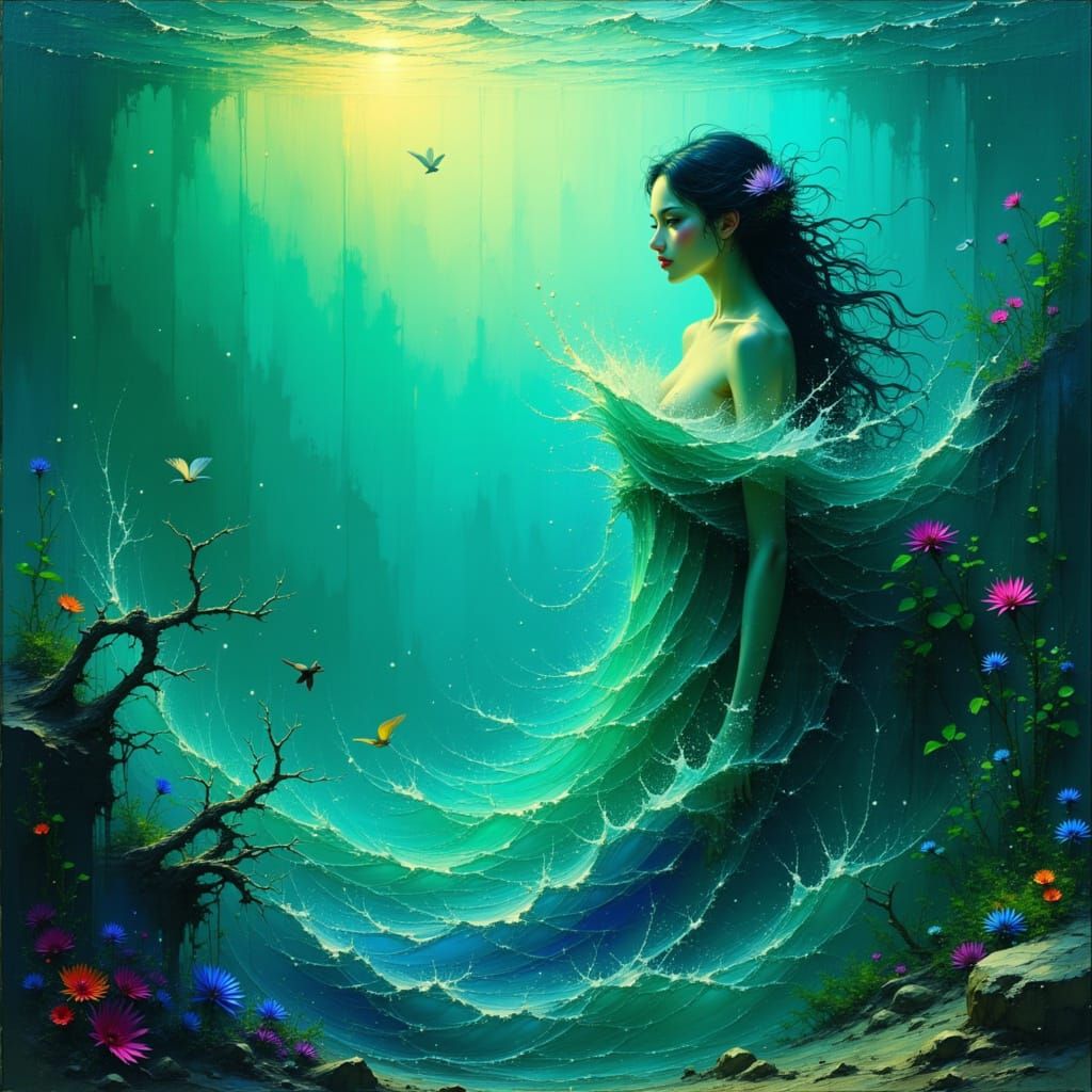 Mystical Wave Siren Rising from the Deep: Digital Art