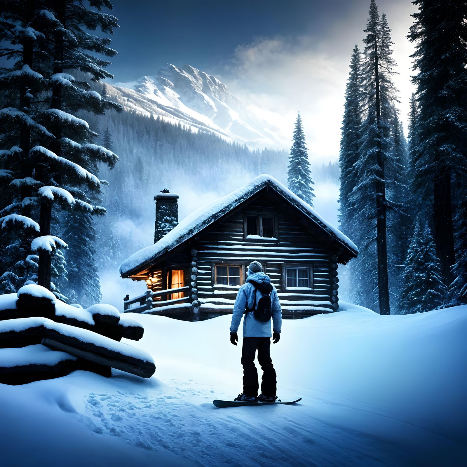 Hyperrealistic Snowboarder in Mountain Landscape