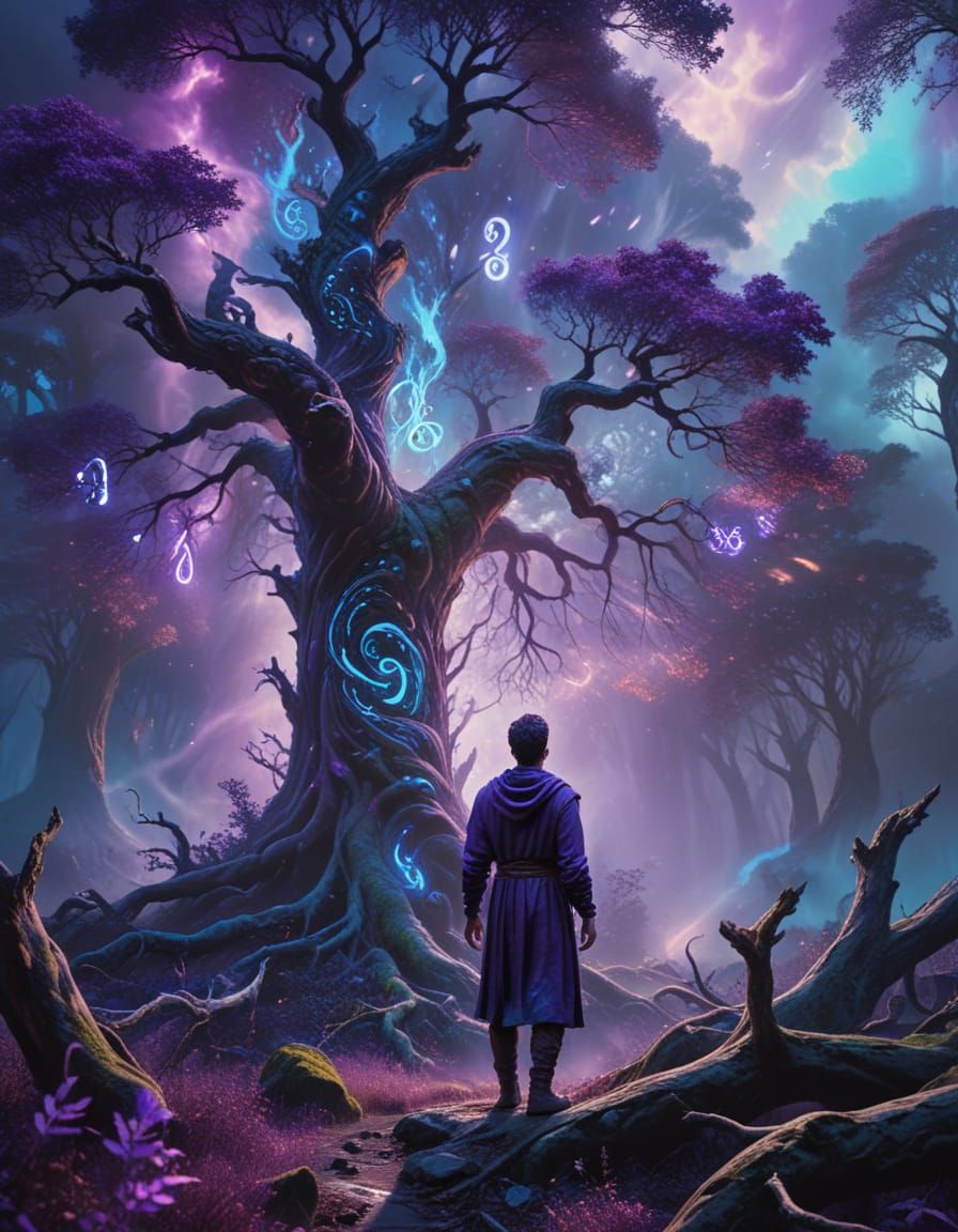 Mystical Forest: Surreal Oil Painting with Glowing Runes