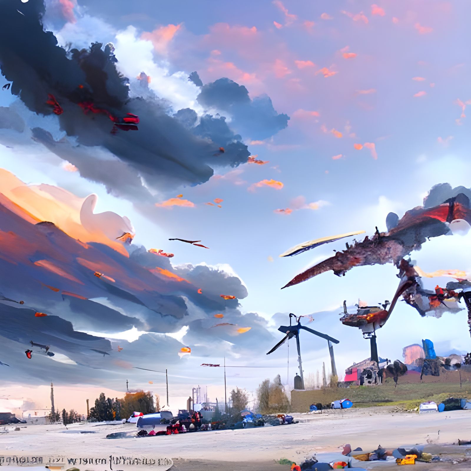 Winged Robot Dragons Fly Through Golden Sky
