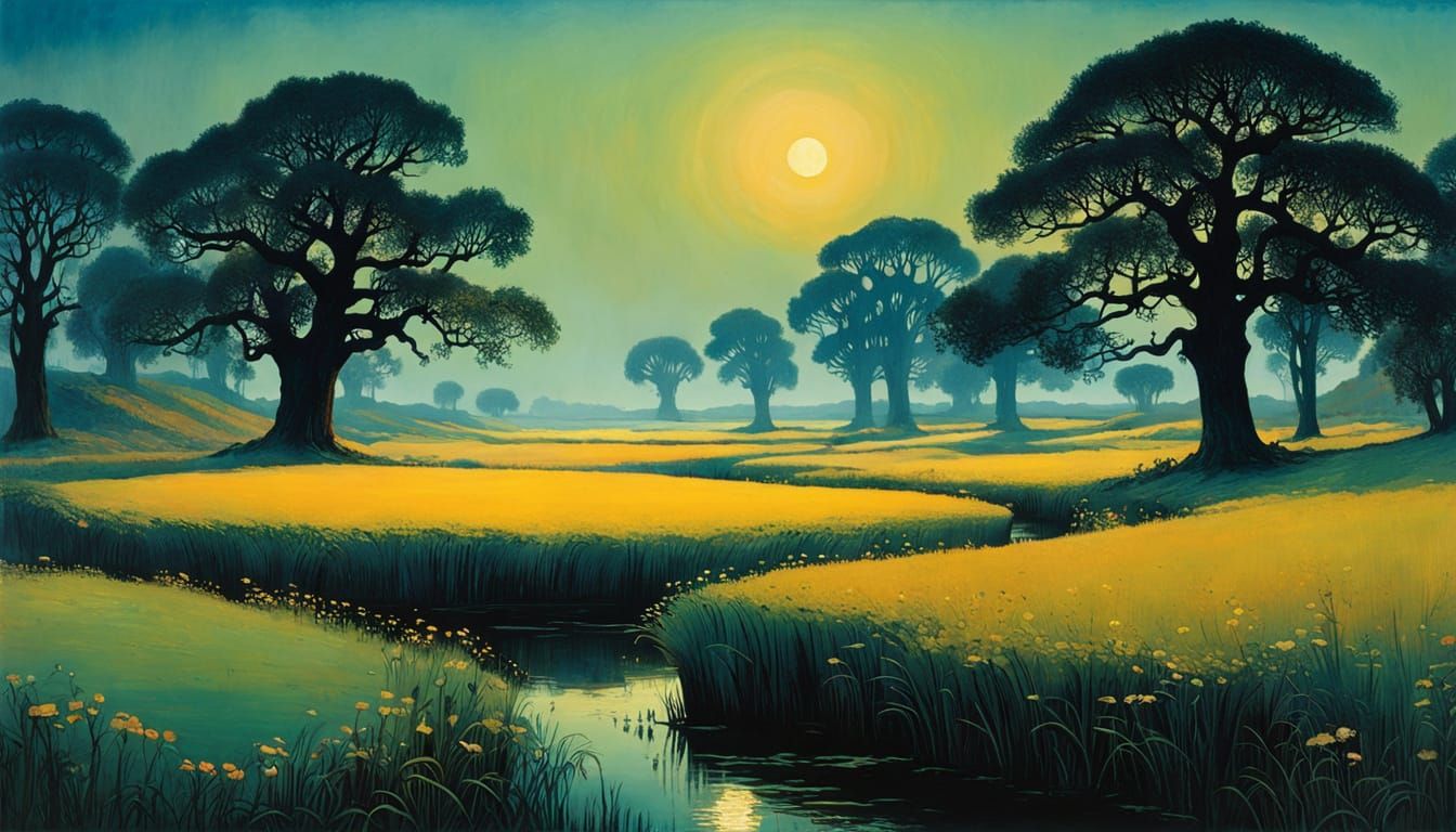 Mysterious Dusk Landscape with Oak Trees and Lake