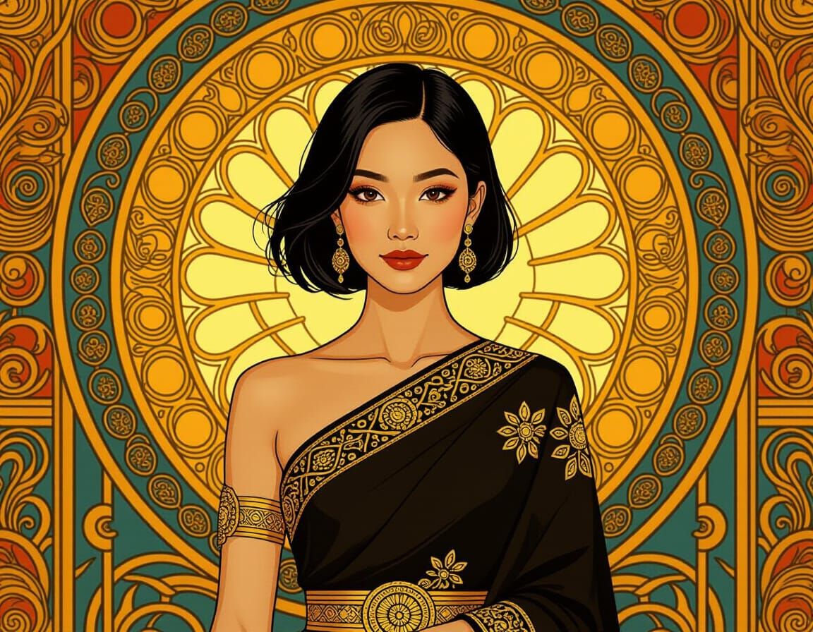 Thai Woman in Art Nouveau Style Mural
